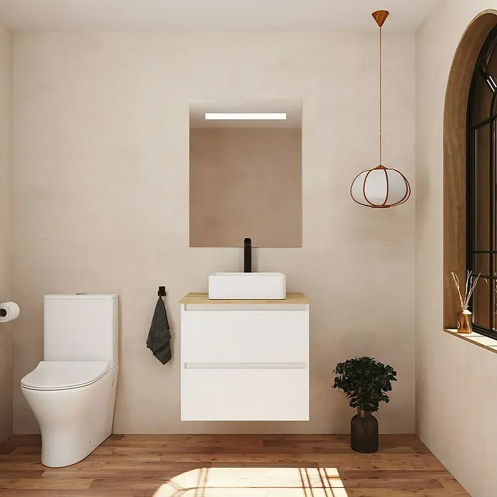 Conjunto de mueble de baño White - Ancho: 60 cm, Blanco, Mate, 3 pzs. - Interior de baño moderno con un elegante mueble de lavabo blanco, un lavabo sobre encimera elegante y un espejo a juego.