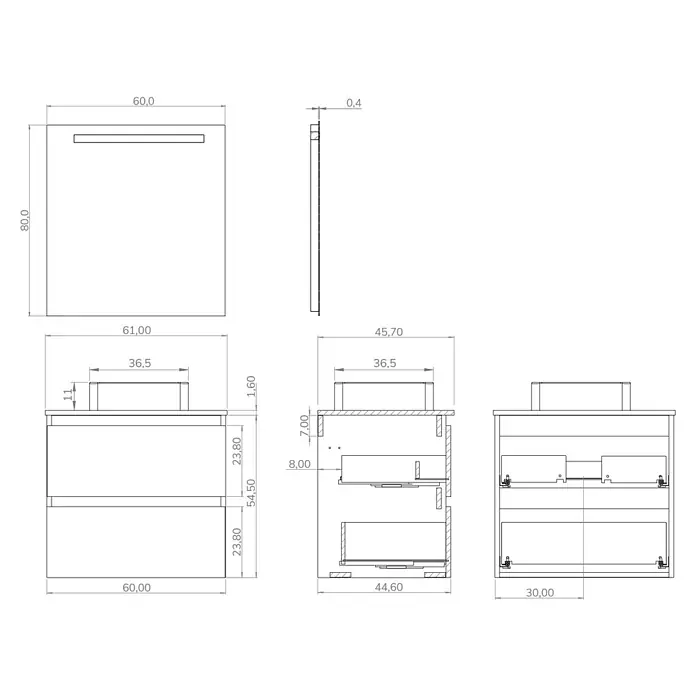 Conjunto de mueble de baño White - Ancho: 60 cm, Blanco, Mate, 3 pzs. - Un dibujo técnico detallado de un mueble de baño con lavabo y espejo, incluyendo todas las medidas.