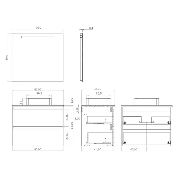 Conjunto de mueble de baño White - Ancho: 80 cm, Blanco, Mate, 3 pzs. - Dibujo del producto de un mueble de baño con espejo y cajones, incluidas todas las dimensiones para el montaje.
