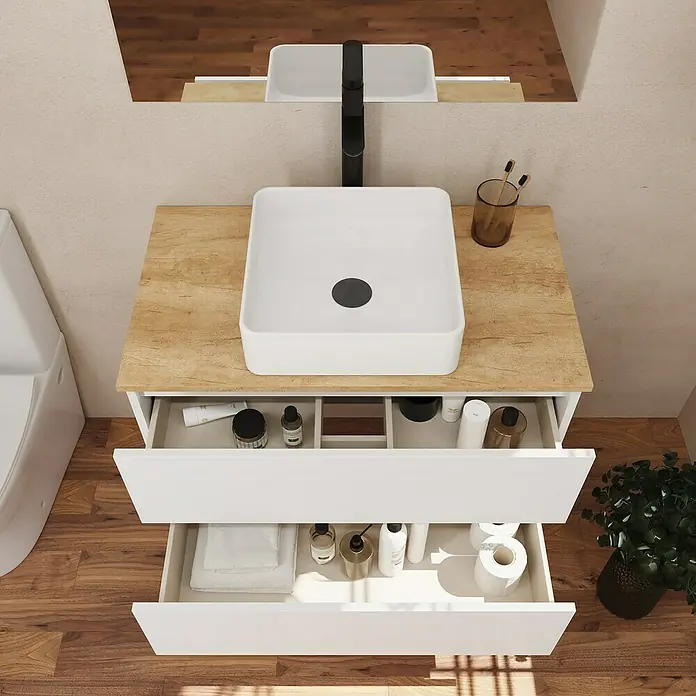 Conjunto de mueble de baño White - Ancho: 60 cm, Blanco, Mate, 3 pzs. - Mueble de baño moderno con lavabo cuadrado y cajones abiertos, perfecto para decoración elegante y solución de almacenaje.