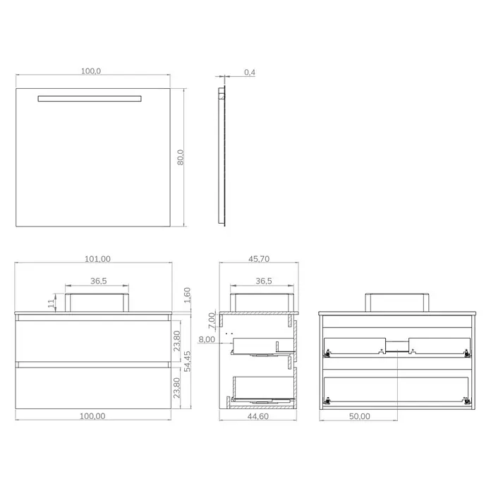 Conjunto de mueble de baño White - Ancho: 100 cm, Blanco, Mate, 3 pzs. - Dibujo técnico de un lavabo con mueble bajo, dimensiones en milímetros.