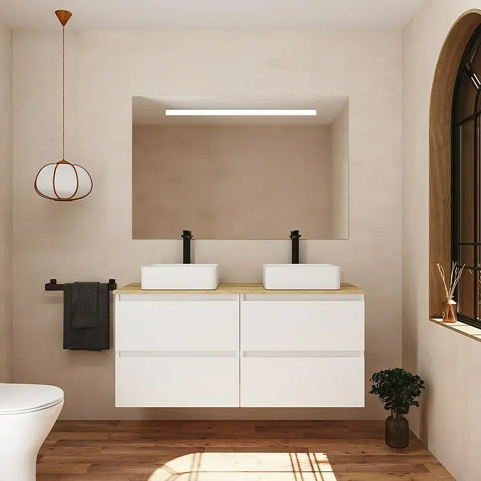 Conjunto de mueble de baño White - Ancho: 120 cm, Blanco, Mate, 3 pzs. - La imagen muestra un baño moderno con doble lavabo, dos lavabos cuadrados y un gran espejo con iluminación integrada.
