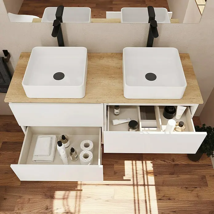 Conjunto de mueble de baño White - Ancho: 120 cm, Blanco, Mate, 3 pzs. - Mueble de lavabo doble con lavabos blancos, encimera de madera y cajones abiertos con elementos esenciales de baño para un baño moderno.