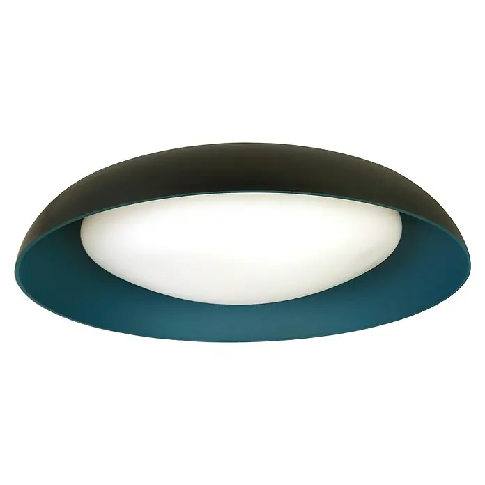 MegaLight LED-Deckenleuchte rund Bowl - 24 W, Ø x H: 40 x 9,5 cm, Petrol, Warmweiß - Nahaufnahme einer modernen Deckenleuchte mit schwarzer Außenseite und türkisfarbener Innenseite, die ein warmes, diffuses Licht ausstrahlt.