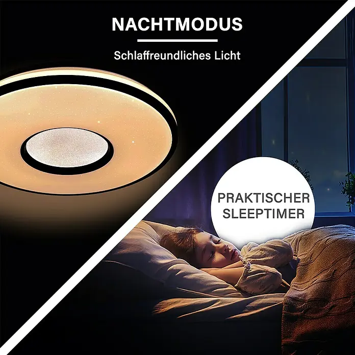 MegaLight LED-Deckenleuchte rund Shining Star - 24 W, Ø x H: 49 x 8,5 cm, Schwarz, Warmweiß - Deckenleuchte mit Nachtmodus und Timerfunktion. Schlaffreundliches Licht sorgt für eine angenehme Atmosphäre und erholsamen Schlaf.