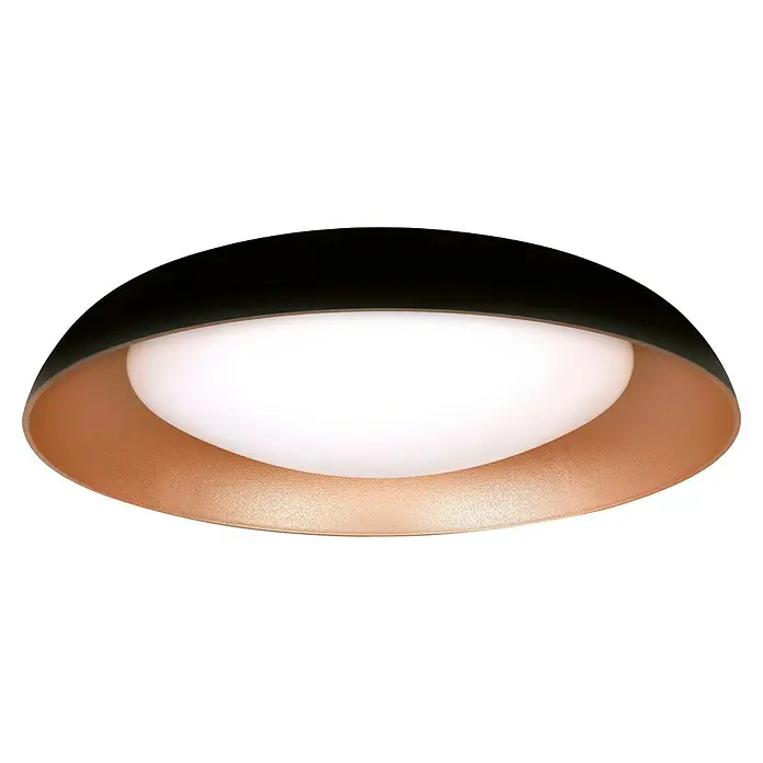 MegaLight LED-Deckenleuchte rund Bowl - 24 W, Ø x H: 49 x 9,5 cm, Rosegold, Warmweiß - Nahaufnahme einer modernen Deckenleuchte mit schwarzer Außenseite und goldener Innenseite, die ein warmes, diffuses Licht abgibt.