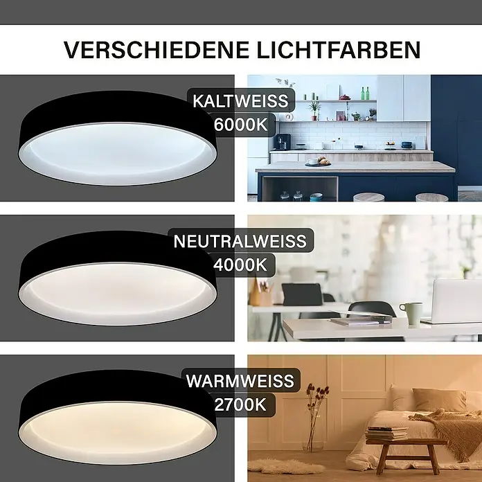 MegaLight LED-Deckenleuchte rund Shining Arctica - 24 W, Ø x H: 39 x 7,5 cm, Schwarz, Bernstein - Verschiedene Lichtfarben der LED-Deckenleuchte, von kaltweiß (6000K) bis warmweiß (2700K), für unterschiedliche Ambiente in jedem Raum.