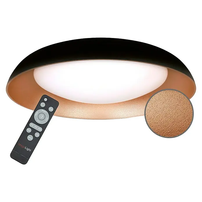 MegaLight LED-Deckenleuchte rund Bowl - 24 W, Ø x H: 49 x 9,5 cm, Rosegold, Warmweiß - Nahaufnahme einer MegaLight Deckenleuchte mit Fernbedienung, die die Beleuchtungseinstellungen anpasst, hervorhebt das elegante Design.