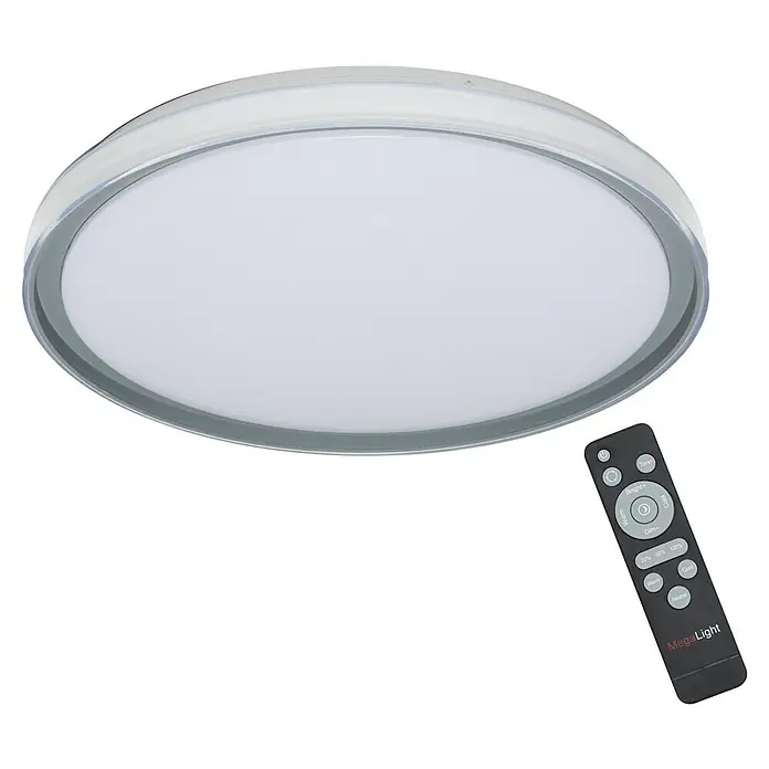 MegaLight LED-Deckenleuchte rund Shining Saturn - 40 W, Ø x H: 50 x 7 cm, Weiß, Warmweiß - Nahaufnahme einer MegaLight LED-Deckenleuchte mit runder Form und einer dazugehörigen Fernbedienung zur Steuerung der Lichtintensität.