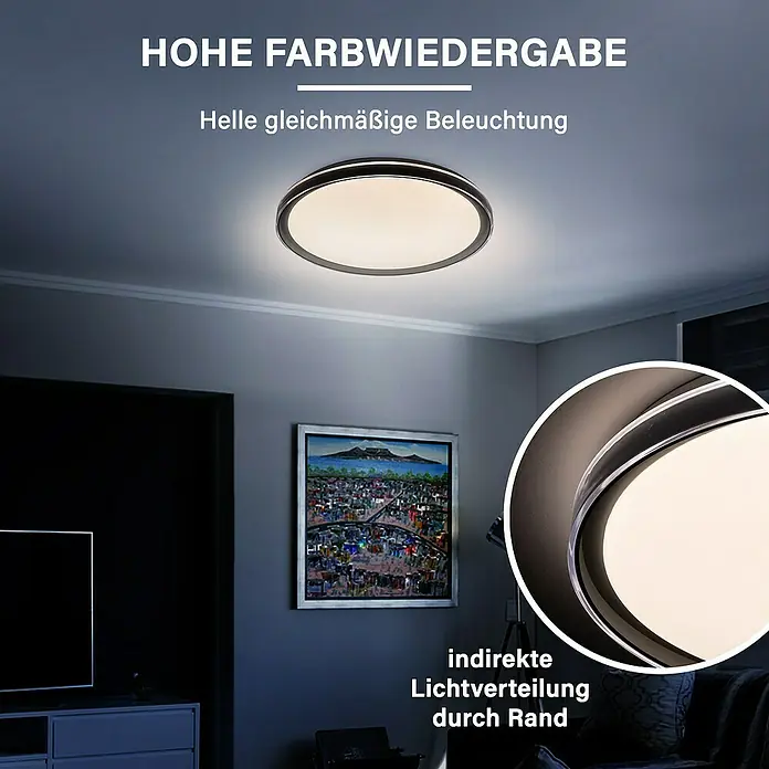 MegaLight LED-Deckenleuchte rund Shining Saturn - 40 W, Ø x H: 50 x 7 cm, Weiß, Warmweiß - Deckenleuchte mit indirekter Beleuchtung. Das Licht wird durch den Rand gestreut, was für eine hohe Farbwiedergabe und gleichmäßige Ausleuchtung sorgt.