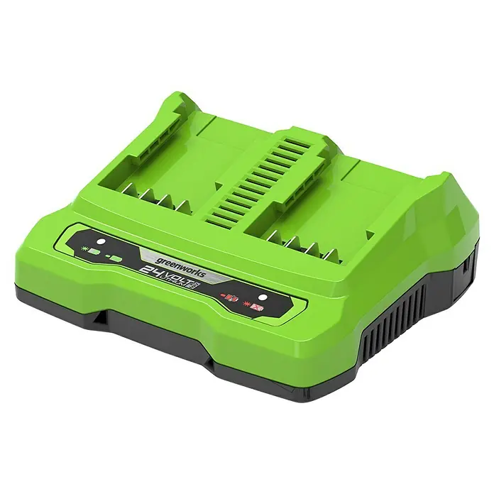 Greenworks Akku-Ladegerät 24V 4 A Dual Slot - Passend für: Alle Generationen von Greenworks 24-V-Akkus - Das Greenworks 24V Dual-Port-Ladegerät zum Aufladen von Greenworks 24V-Batterien, mit LED-Anzeigen, die über den Ladestatus informieren.