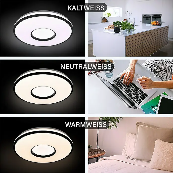 MegaLight LED-Deckenleuchte rund Shining Star - 24 W, Ø x H: 49 x 8,5 cm, Schwarz, Warmweiß - Deckenleuchte mit drei verschiedenen Lichtfarben: Kaltweiß, Neutralweiß und Warmweiß.