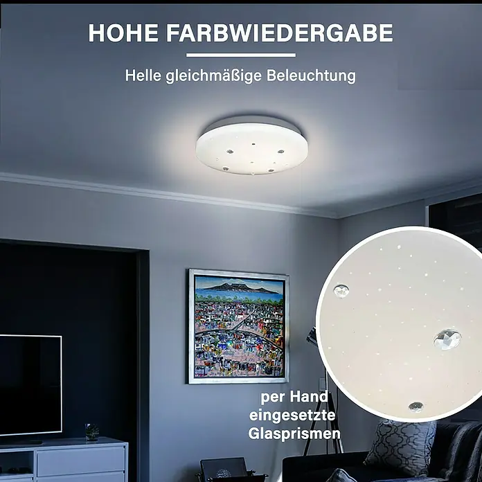 MegaLight LED-Deckenleuchte rund Shining Diamond - 9,5 W, Weiß, Warmweiß - Deckenleuchte mit hoher Farbwiedergabe und gleichmäßiger Beleuchtung. Mit per Hand eingesetzten Glasprismen für einen funkelnden Effekt.
