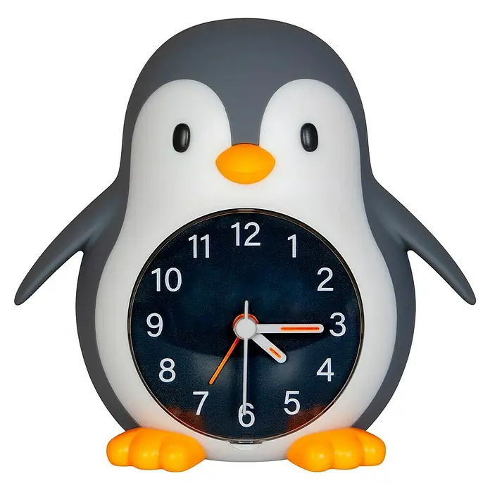 MegaLight Nachtlicht Wecker Poppy Penguin - Schwarz, Weiß, 14,8 x 13,8 cm - Ein niedlicher Pinguin-Wecker mit einem gut lesbaren Zifferblatt und orangefarbenen Details für Kinderzimmer.