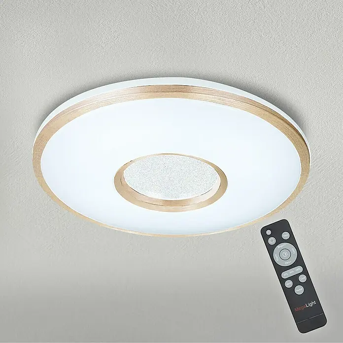 MegaLight LED-Deckenleuchte rund Shining Star - 24 W, Ø x H: 49 x 8,5 cm, Gold, Warmweiß - Moderne LED-Deckenleuchte mit Fernbedienung zur Steuerung von Helligkeit und Farbtemperatur. Die Leuchte ist in einem eleganten Design gehalten.