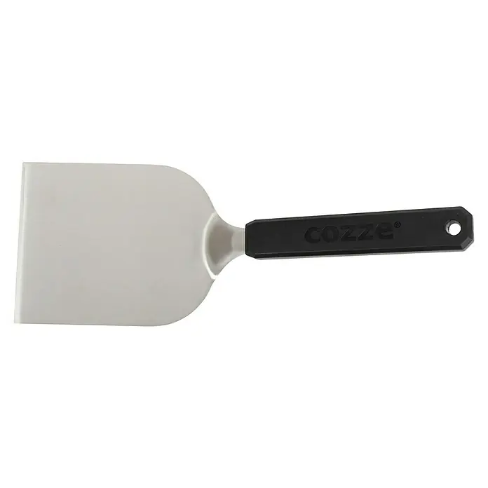 Cozze Grillgutwender - Länge: 36 cm, Edelstahl/Kunststoff - Produktbild eines Cozze Pizzaschiebers mit einem hellen, breiten Schaufelblatt und einem schwarzen Griff mit Loch zur Aufhängung.