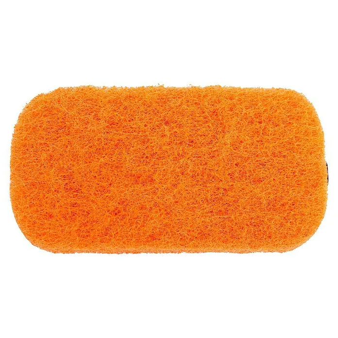 Cozze Ersatzschwamm - Passend für: Cozze Grillbürste für Grillplatten, 3 Stk. - Nahaufnahme eines rechteckigen, orangefarbenen Scheuerschwamms mit unebener Textur auf schwarzem Hintergrund.