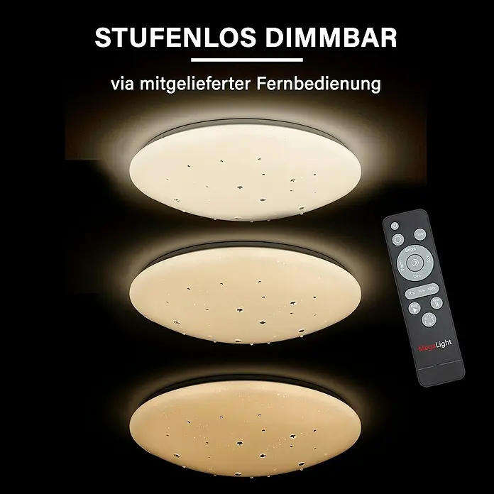 MegaLight LED-Deckenleuchte rund Shining Diamond - 24 W, Ø x H: 38 cm x 12 mm, Weiß, Warmweiß - Das Bild zeigt eine stufenlos dimmbare Deckenleuchte mit mitgelieferter Fernbedienung zur einfachen Einstellung der Helligkeit.