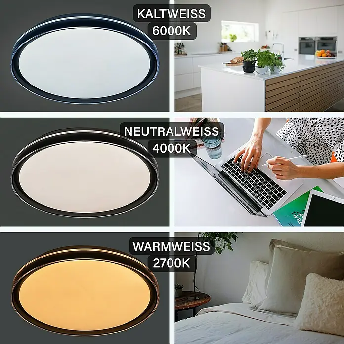 MegaLight LED-Deckenleuchte rund Shining Saturn - 40 W, Ø x H: 50 x 7 cm, Weiß, Warmweiß - Darstellung verschiedener Farbtemperaturen einer runden LED-Deckenleuchte, von kaltweiß (6000K) bis warmweiß (2700K).