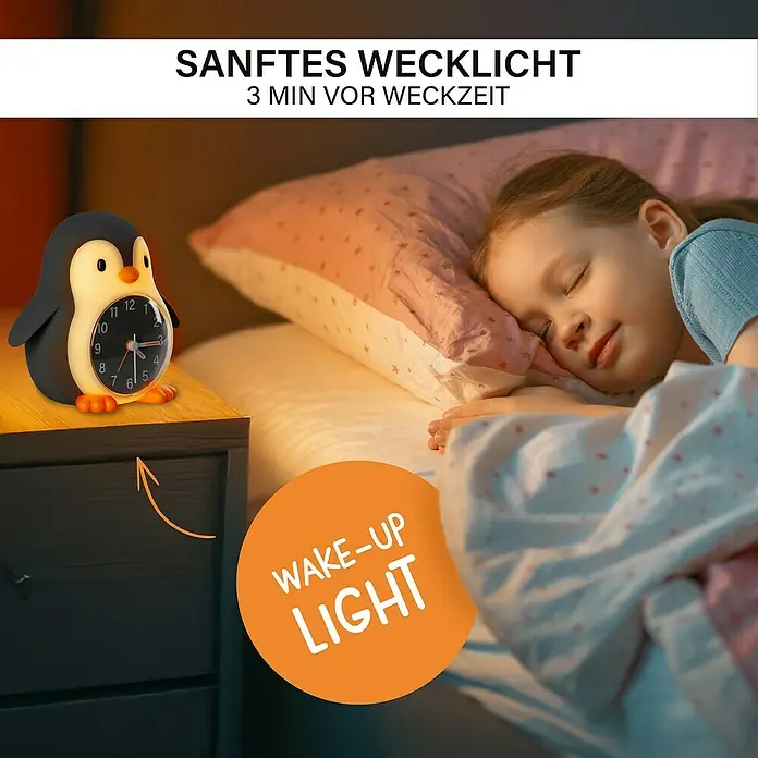MegaLight Nachtlicht Wecker Poppy Penguin - Schwarz, Weiß, 14,8 x 13,8 cm - Niedlicher Pinguin-Wecker mit sanftem Licht, ideal für Kinder. Hilft beim Aufwachen und sorgt für eine angenehme Atmosphäre im Schlafzimmer.
