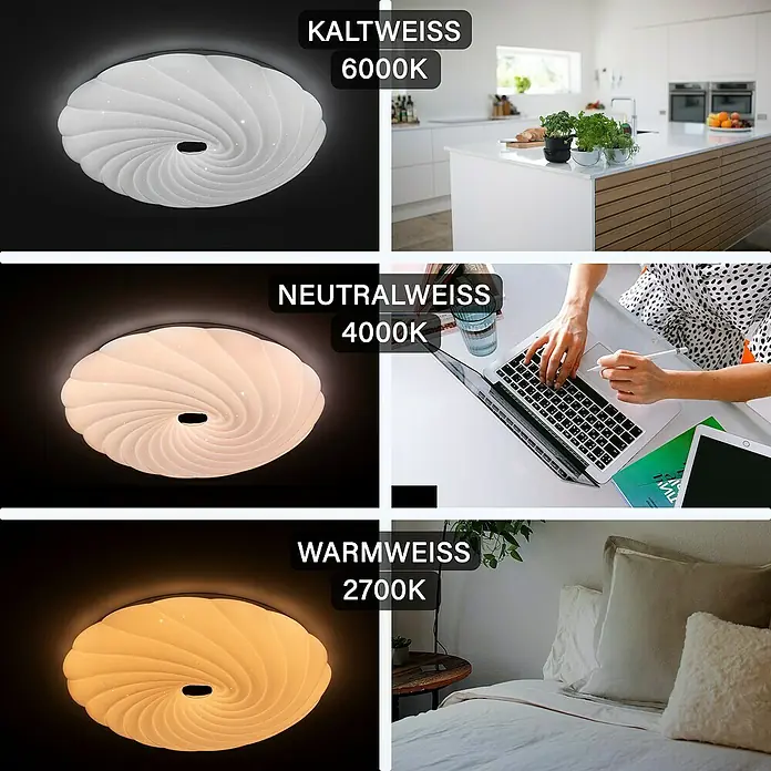 MegaLight LED-Deckenleuchte rund Shining Coral - 24 W, Ø x H: 49 x 9 cm, Weiß, Warmweiß - Deckenleuchte mit verschiedenen Farbtemperaturen: Kaltweiß (6000K), Neutralweiß (4000K) und Warmweiß (2700K), ideal für verschiedene Raumambientes.