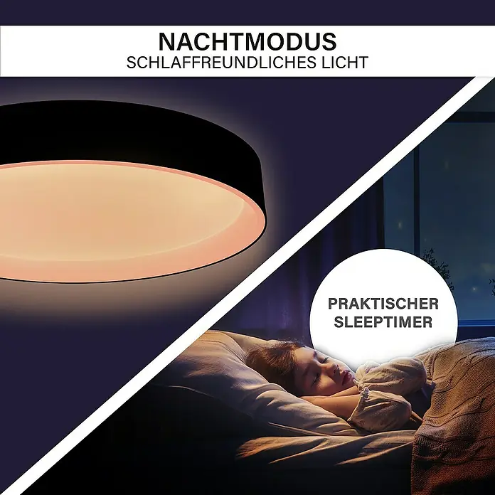 MegaLight LED-Deckenleuchte rund Shining Arctica - 24 W, Ø x H: 39 x 7,5 cm, Schwarz, Bernstein - Deckenleuchte mit Nachtmodus und Sleep-Timer. Schlafmodusanzeige mit energiesparender LED-Leuchte für das Schlafzimmer, bietet angenehmes, schlaffreundliches Licht.