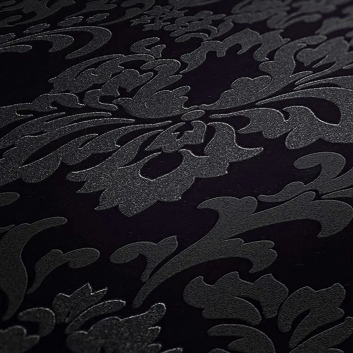 Tadessi Vliestapete M1-No.169 - Schwarz, Ornament, 10,05 x 0,53 m - Schwarzes, geprägtes Damastmuster mit dezentem Glanz.