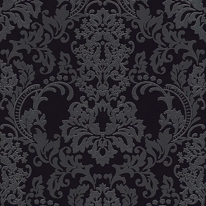 Tadessi Vliestapete M1-No.169 - Schwarz, Ornament, 10,05 x 0,53 m - Elegante dunkle Damasttapete in Schwarz und Anthrazit mit Textur für Innenräume.
