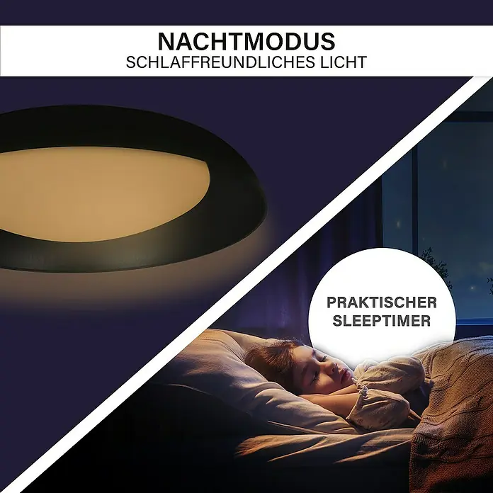 MegaLight LED-Deckenleuchte rund Bowl - 24 W, Ø x H: 40 x 9,5 cm, Schwarz, Warmweiß - Nachtmodus-Deckenleuchte für ein schlaffreundliches Licht und praktischen Sleep-Timer, ideal für Kinderzimmer zur Entspannung vor dem Einschlafen.