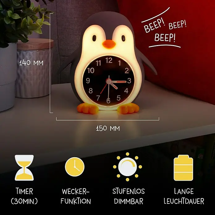 MegaLight Nachtlicht Wecker Poppy Penguin - Schwarz, Weiß, 14,8 x 13,8 cm - Ein Pinguin-Wecker mit Nachtlichtfunktion, der 140 mm hoch und 150 mm breit ist. Verfügt über Timer, Dimmfunktion & lange Leuchtdauer.