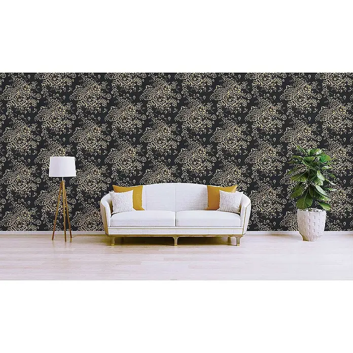 Tadessi Vliestapete M1-No.2169 - Schwarz, Floral, 10,05 x 0,53 m - Schwarze Tapete mit aufwendigem goldfarbenem Blumenmuster.