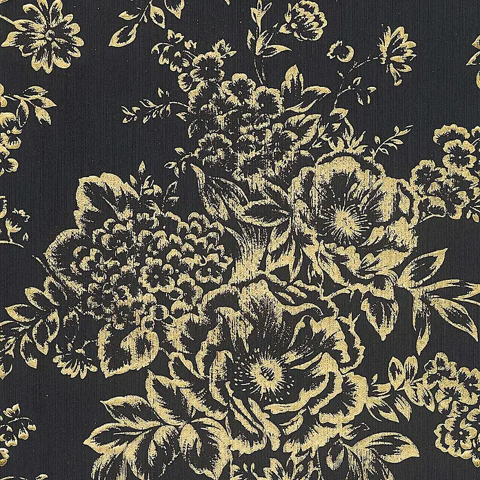 Tadessi Vliestapete M1-No.2169 - Schwarz, Floral, 10,05 x 0,53 m - Luxuriöses goldenes Blumenmuster mit Used-Textur auf dunklem, fein geripptem Hintergrund, ideal für elegante Innenräume.