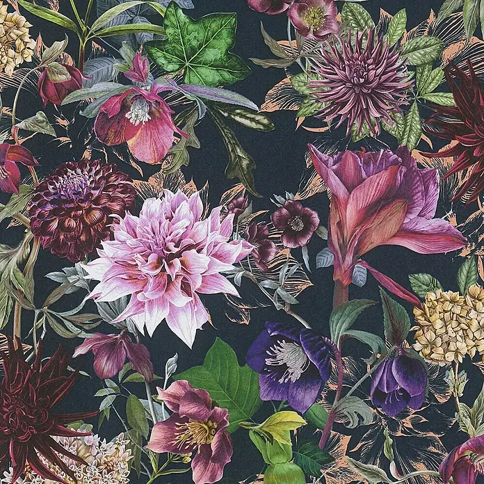 Tadessi Vliestapete M1-No.777 - Schwarz, Floral, 10,05 x 0,53 m - Dunkles, üppiges Blumenmuster mit lebhaften rosa, violetten und roten Blüten, grünen Blättern und dezenten Kupferakzenten auf schwarzem Grund.