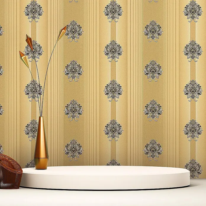 Tadessi Vliestapete M1-No.2337 - Gold, Streifen, 10,05 x 0,53 m - Goldene gestreifte Tapete mit opulenten Damastmustern, ideal für elegante Inneneinrichtung.