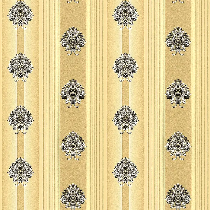 Tadessi Vliestapete M1-No.2337 - Gold, Streifen, 10,05 x 0,53 m - Gold-beige gestreifte Tapete mit abwechselnd dunkelbraunen, weißen und goldenen Damast-Blumenmotiven.