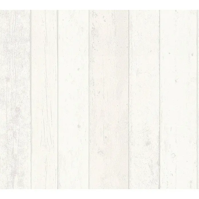 Tadessi Vliestapete M1-No.1418 - Grau, Holzoptik, 10,05 x 0,53 m - Weiße Holzvertäfelung mit leicht abgenutzter Oberfläche und vertikalem Dielenmuster.