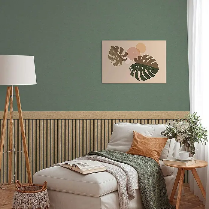 Tadessi Vliestapete 0 - Braun, Streifen, 5 x 1,06 m - Rechteckige Wandkunst mit abstrakten Monstera-Blättern und Kreisen in Erdtönen.