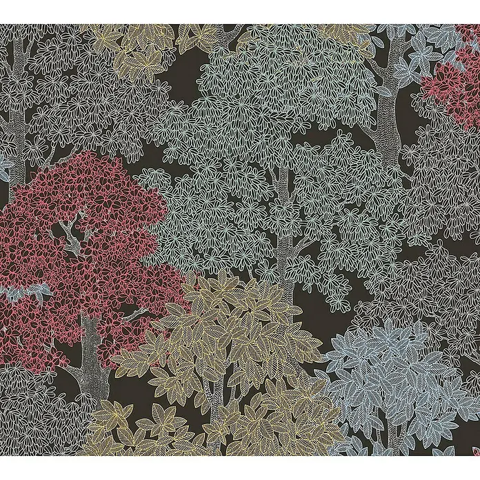 Tadessi Vliestapete M1-No.1441 - Schwarz, Floral, 10,05 x 0,53 m - Tapete mit stilisierten Baumumrissen in Rot, Gelb, Mint, Hellblau und Weiß auf dunklem Hintergrund.