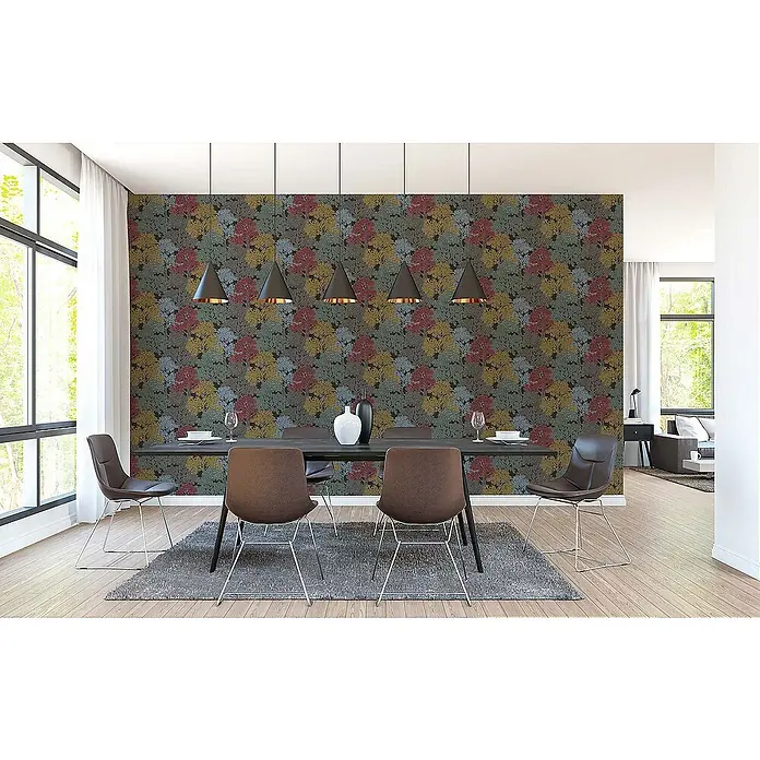 Tadessi Vliestapete M1-No.1441 - Schwarz, Floral, 10,05 x 0,53 m - Bunte Baum-Tapete an einer Esszimmerwand, zeigt vielfältige Blattmuster in lebendigen Farben.