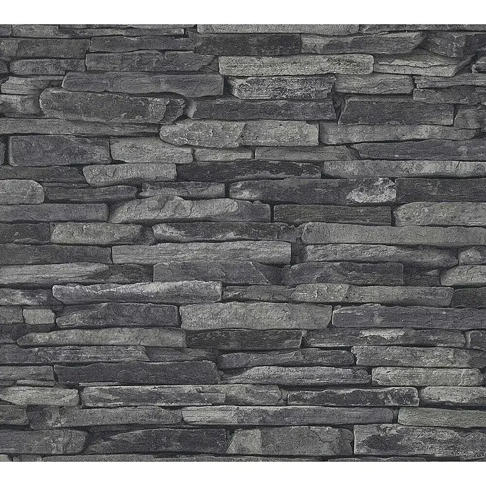 Tadessi Vliestapete M1-No.873 - Schwarz, Steinoptik, 10,05 x 0,53 m - Graue Mauer aus gestapelten Steinen mit unregelmäßigen, grob behauenen Blöcken.