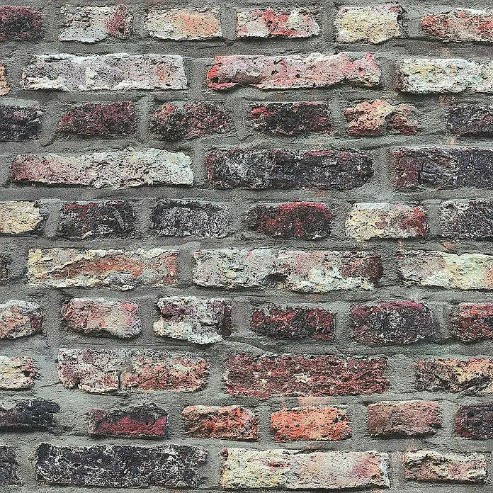 Tadessi Vliestapete M1-No.2661 - Grau, Steinoptik, 10,05 x 0,53 m - Rustikale Ziegelwand-Optik Tapete mit unterschiedlich farbigen roten, braunen und grauen Ziegeln und grauem Mörtel.