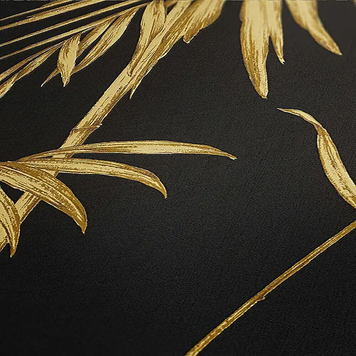 Tadessi Vliestapete M1-No.274 - Schwarz, Floral, 10,05 x 0,53 m - Dekoratives goldenes Palmenblattmuster auf dunklem Hintergrund.