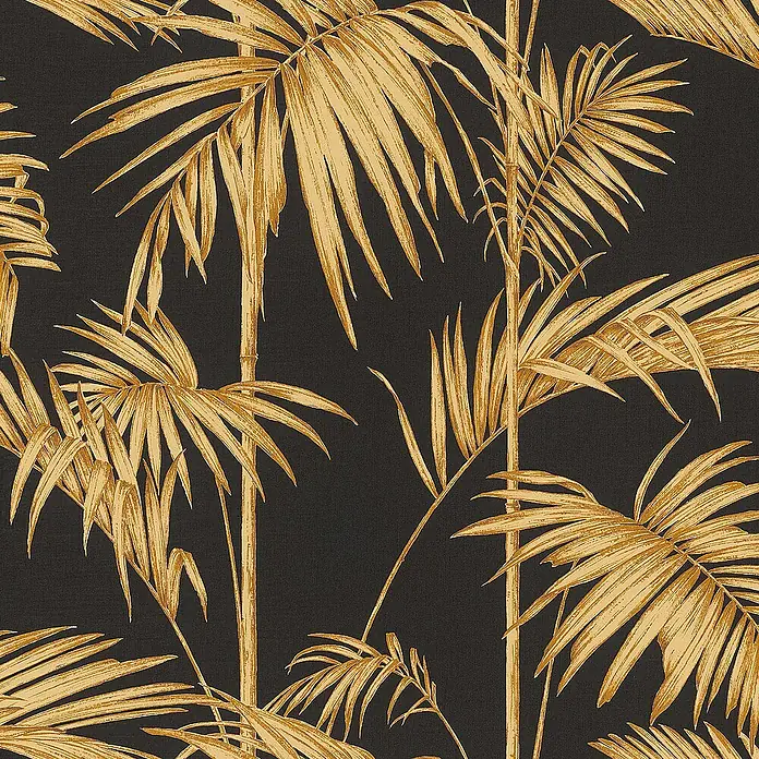 Tadessi Vliestapete M1-No.274 - Schwarz, Floral, 10,05 x 0,53 m - Tapete mit goldenen Palmenblättern auf dunklem Hintergrund.