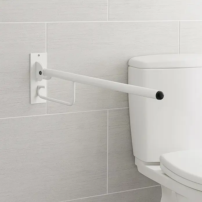 CM Baños Dispositivo de ayuda para incorporarse - L x An x Al: 10 x 35 x 25 cm, Acero - Imagen de una barra de apoyo de baño blanca y giratoria montada en una pared de azulejos de color gris claro junto a un inodoro.