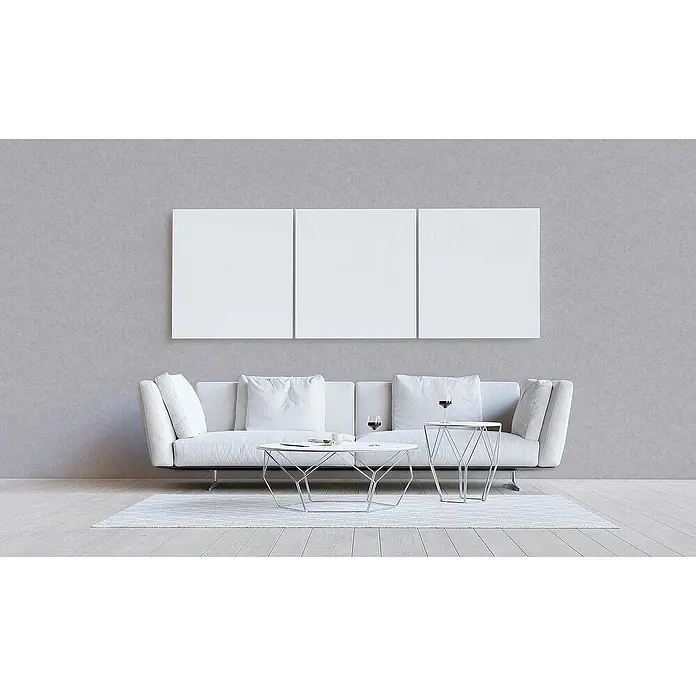 Tadessi Vliestapete M1-No.1670 - Grau, Steinoptik, 10,05 x 0,53 m - Modernes weißes Sofa mit geometrischen weißen Couch- und Beistelltischen in minimalistischem Wohnzimmer.
