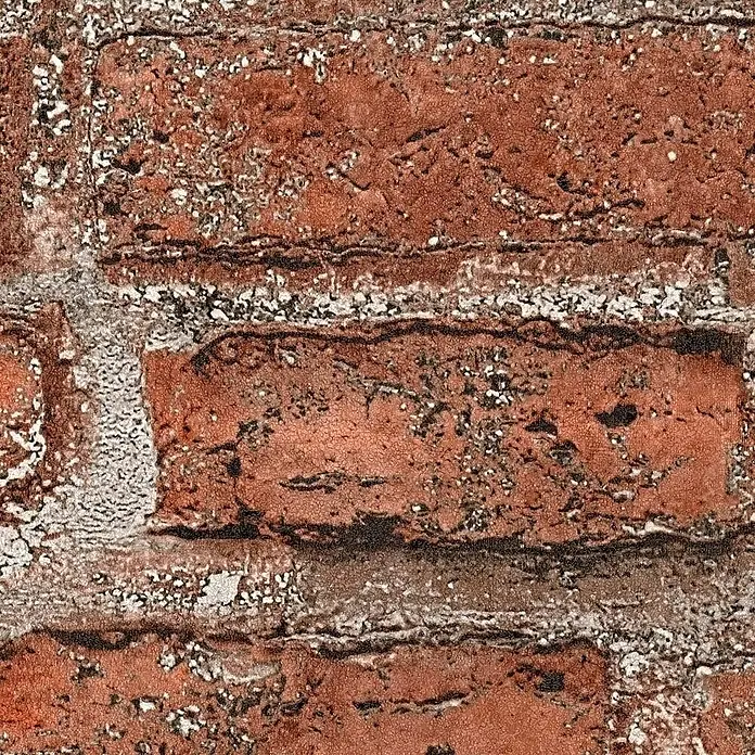 Tadessi Vliestapete M1-No.158 - Rot, Steinoptik, 10,05 x 0,53 m - Nahaufnahme einer rustikalen roten Ziegelwand mit texturierten, verwitterten Oberflächen und hellem Mörtel.