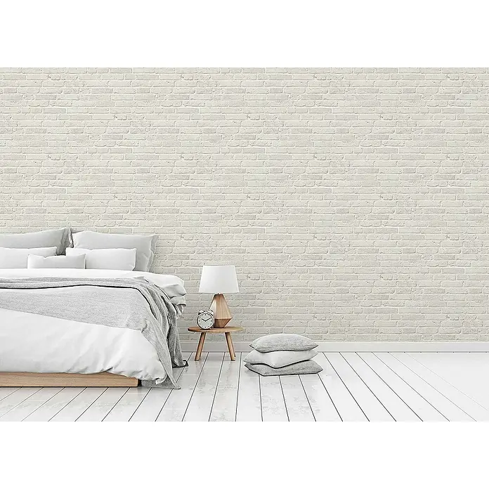 Tadessi Vliestapete M1-No.110 - Grau, Steinoptik, 10,05 x 0,53 m - Helle graue Backstein-Optik Tapete an einer Wand, die dem Raum Textur und Charakter verleiht.