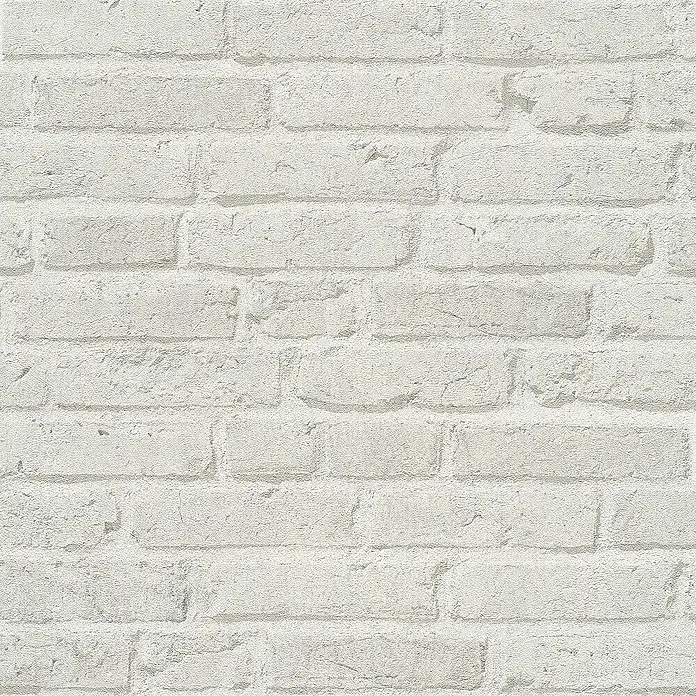 Tadessi Vliestapete M1-No.110 - Grau, Steinoptik, 10,05 x 0,53 m - Weiße Ziegelwandtextur, die einzelne Ziegel mit subtilen Variationen und Mörtelfugen zeigt.