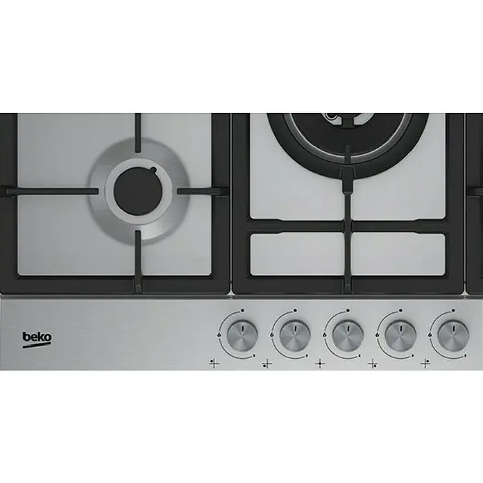 Beko Placa de cocción de gas HIAW 75225 SL - L x An: 51 x 75 cm, Número de quemadores de gas: 5 ud. - Primer plano de una placa de gas Beko de acero inoxidable con cinco quemadores y soportes de hierro fundido negro.