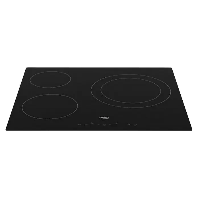 Beko Placa de cocción vitrocerámica HIC 63401 T - Número de fogones estándar: 3 ud., 5,7 kW, Vidrio - Primer plano de una placa de inducción Beko negra con tres zonas de cocción y un panel de control táctil.